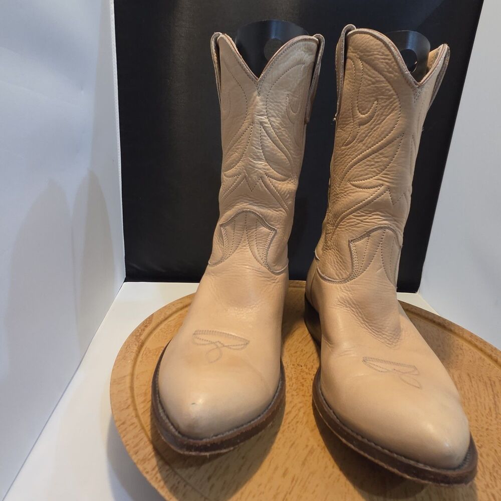 Vintage Stewart Cowboy Boots Mens 8.5 Tan Leather Handmade USA Western Boots